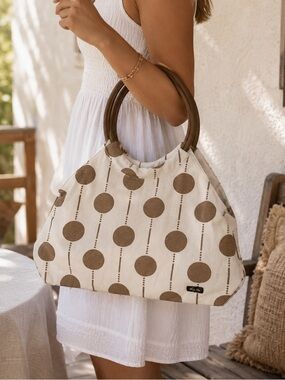 Thirty One polkadotted purse and pouch summer handbag khaki with brown dots